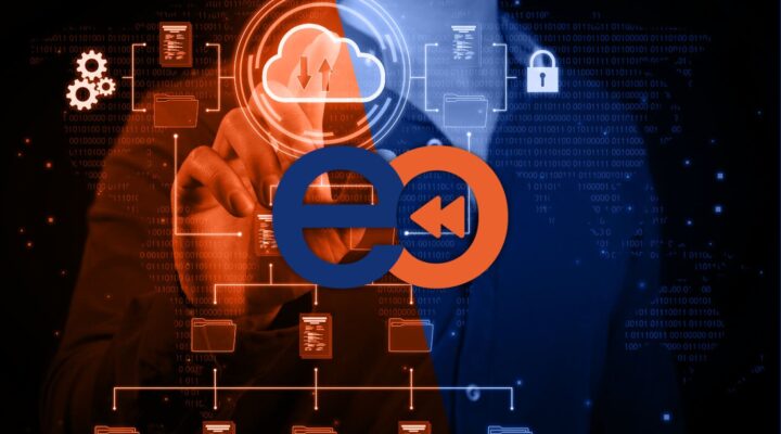 A conceptual image representing cloud computing and data management, with an overlay of digital graphics illustrating network security, data encryption, and cloud data storage technology.